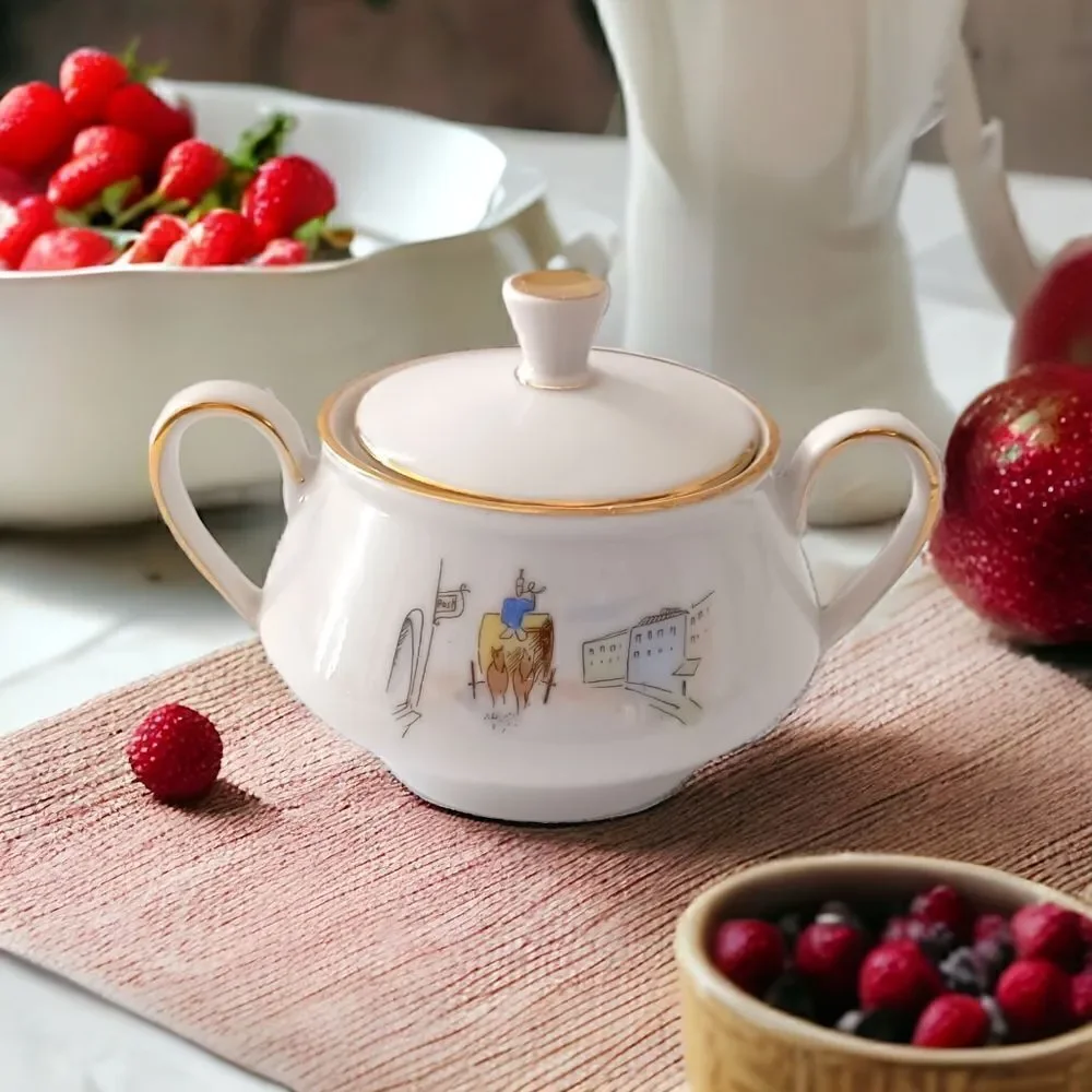 Bareuther Germany Porcelain Sugar Bowl Horse Carriage Street Scene‎ 8010 Vintage